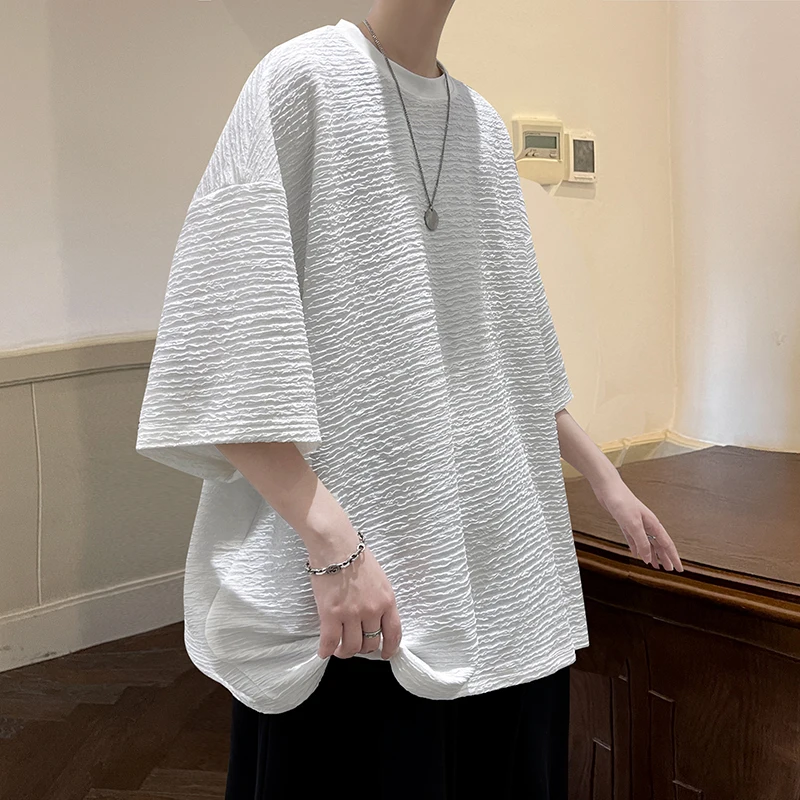Letnia koszulka w paski męska koreańska z krótkim rękawem luźna moda swobodna, łatwa w pielęgnacji koszulka swetry typu oversize biała/czarna