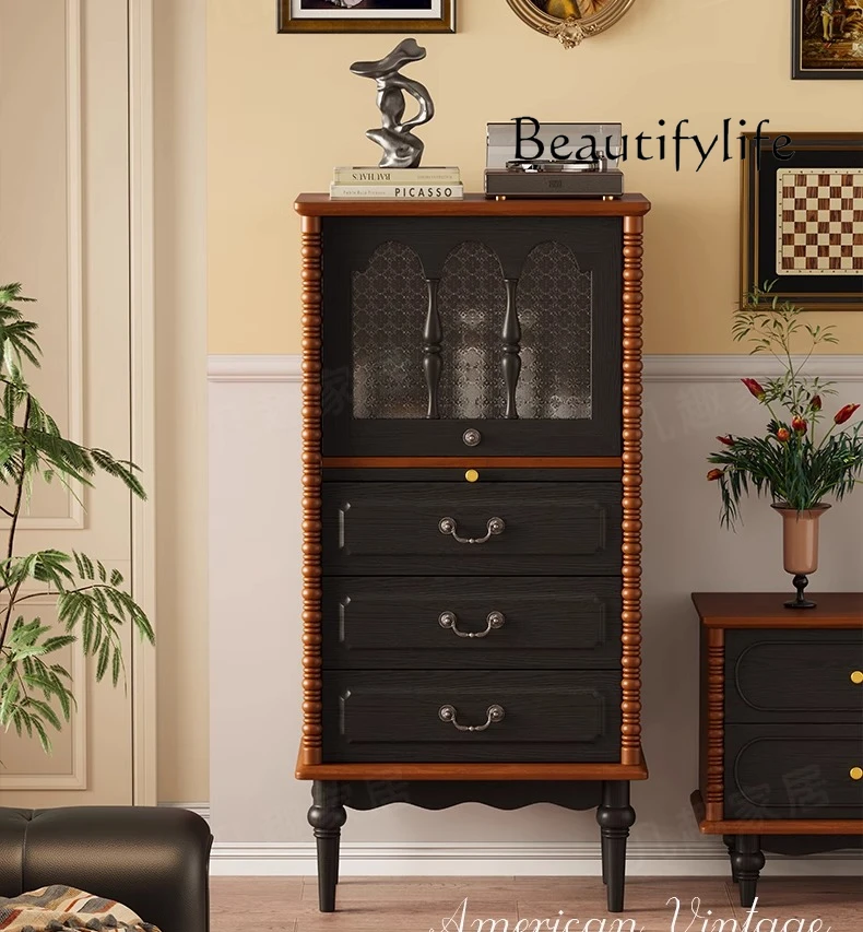 Solid wood side cabinet French retro small apartment household premium three-bucket living room storage display dining side