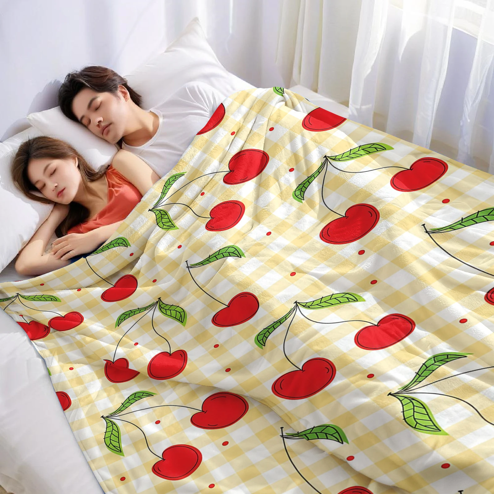 Gingham Cherry Grid Lightweight Microfiber Soft Christmas Fleece Blanket Warm Cozy Throw for Bed Sofa Office Travel All Season