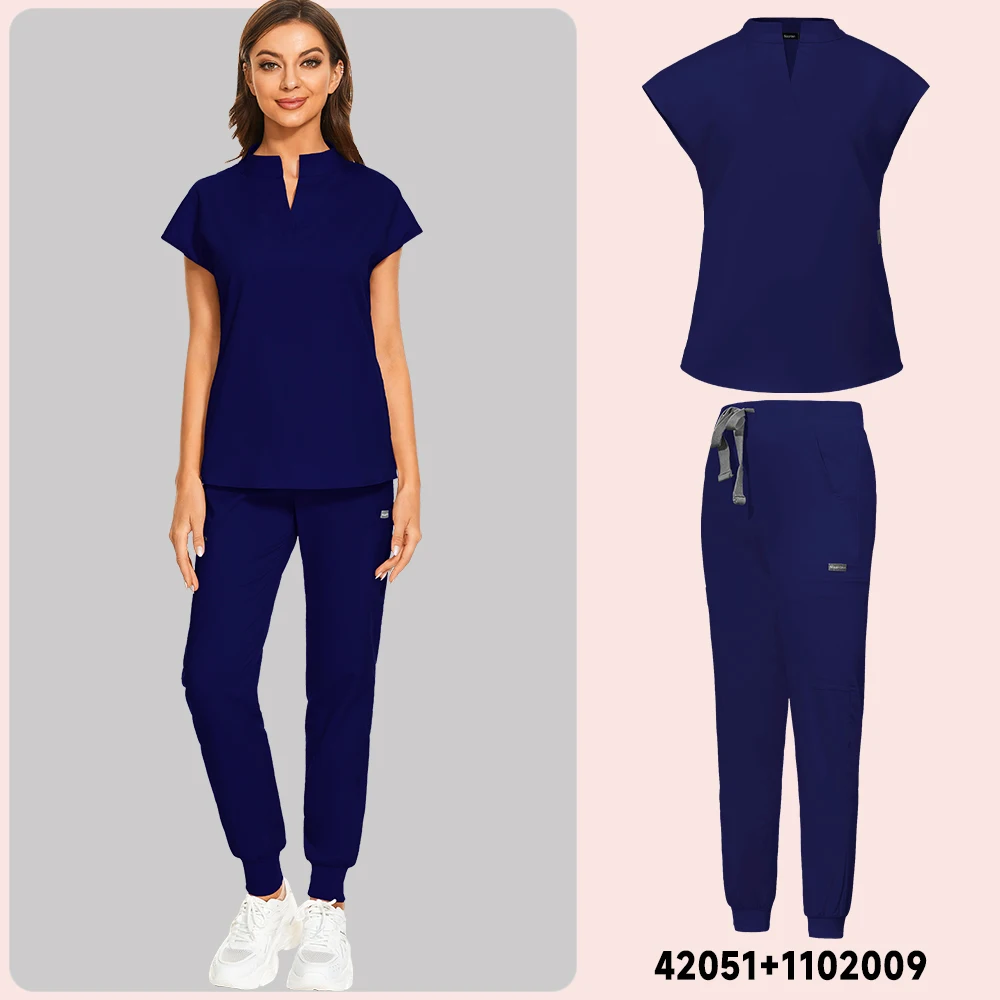 Moda Slim colletto alla coreana camicetta uniformi mediche pantaloni da Jogging tuta Scrub abbigliamento da lavoro ospedaliero chirurgia dentista tuta multicolore