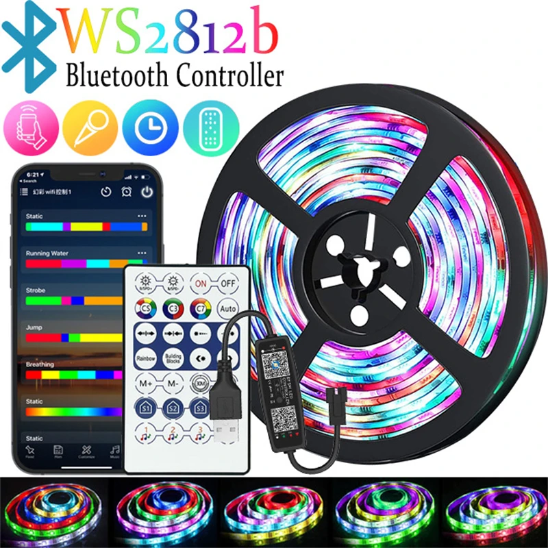 

Smart Strip Light Bluetooth APP Control WS2812B LED Strip RGB LED Lamp Tape 18led Ribbon Lamp TV Backlight Decoration 5m SMD5050