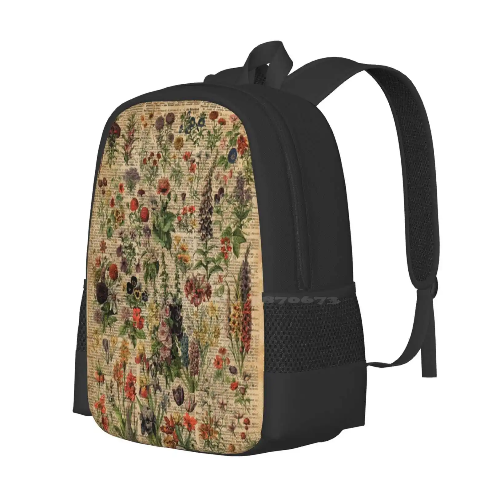 Colourful Wild Meadow Flowers Over Vintage Dictionary Book Page Pattern Design Bag Student'S Backpack Colourful Meadow Poppy