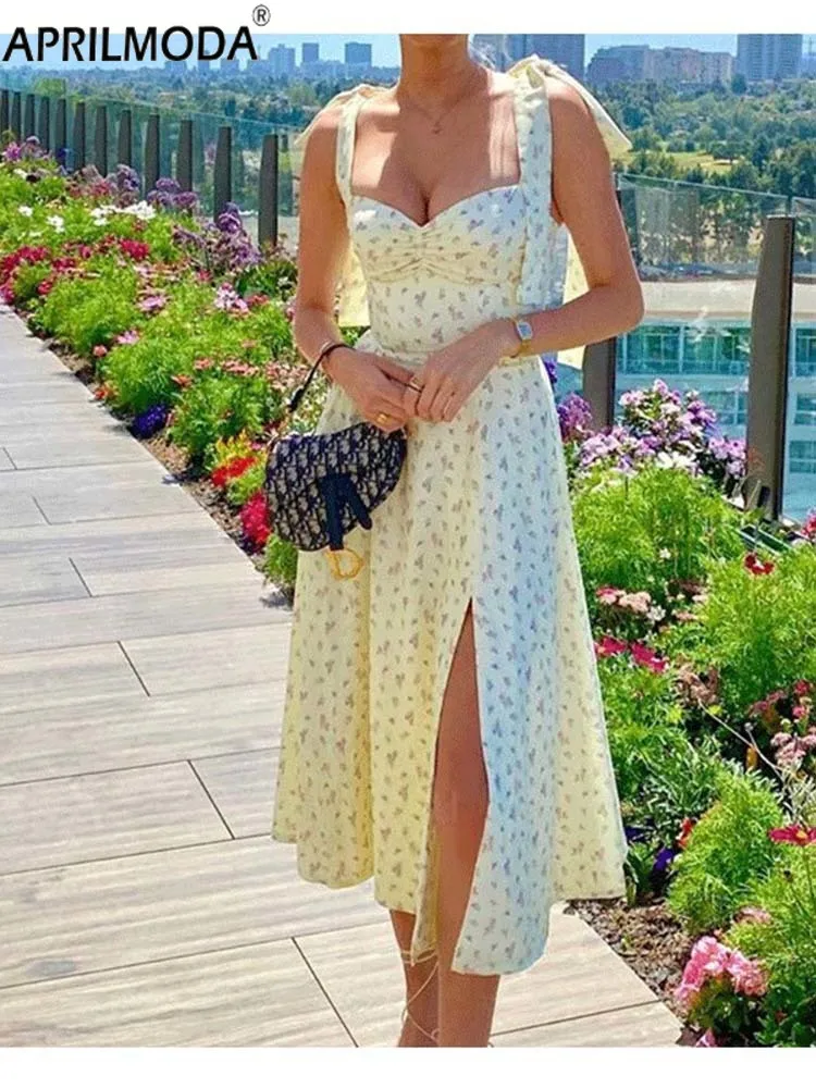 2024 Elegant Floral Print Spaghetti Strap Split Bohemian Dress Women Summer V-neck Backless Party Beach Dress Robe Femme