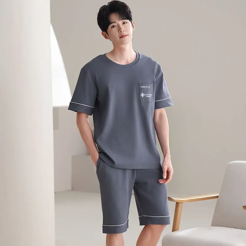 2026 Summer Plus Size Short Sleeve Casual Striped Cotton Pajama Sets for Men Korean Loose Sleepwear Pyjama Male Homewear Clothes