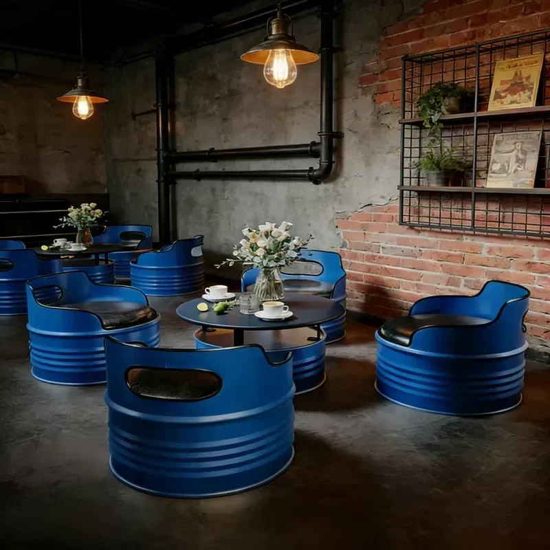 Industrial Metal Dining Table Chair Set Retro Oil Barrel Seat Iron Commercial Restaurant Furniture