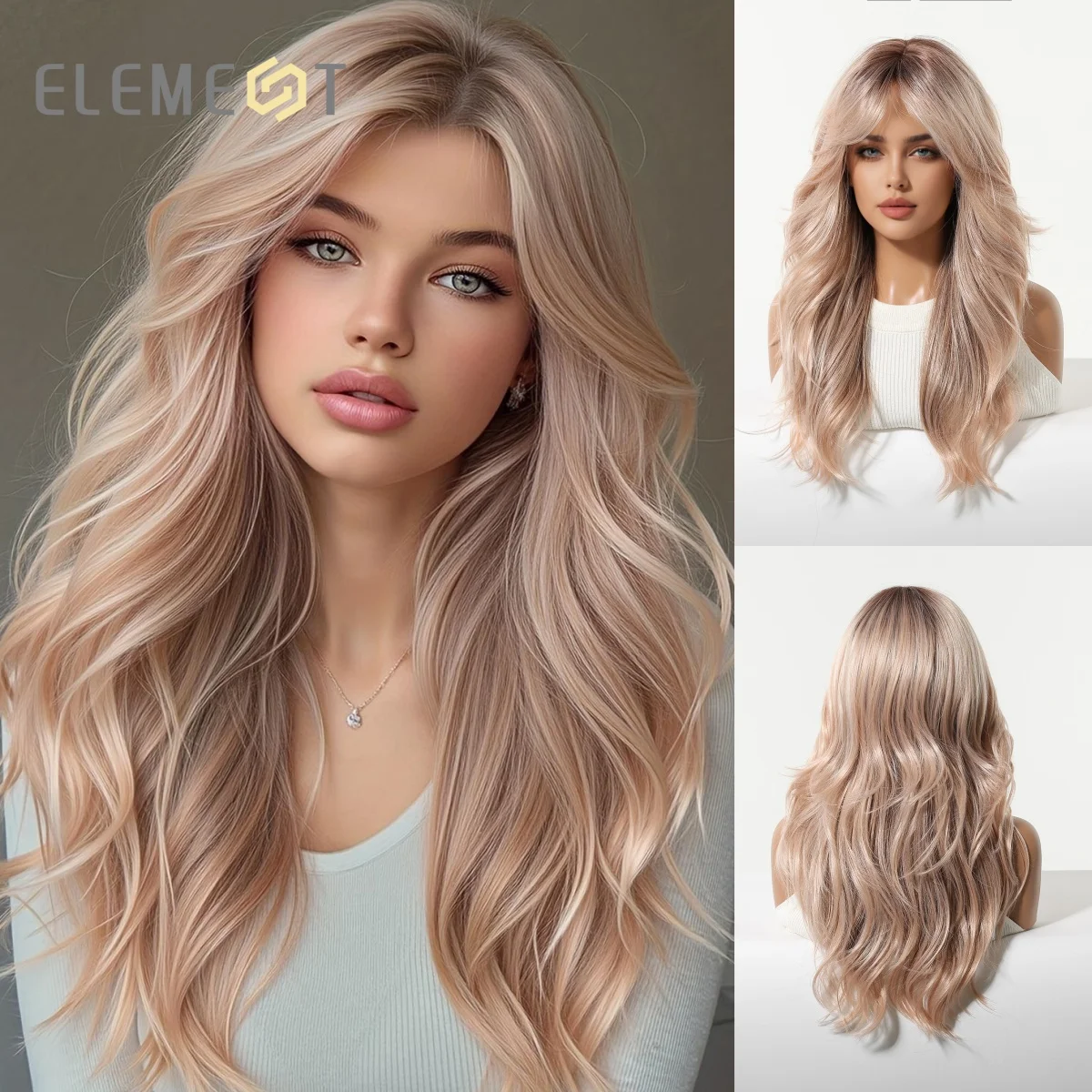 Element Rose Gold Synthetic Wig for Women Pink Ombre Long Wavy with Curtain Bangs for Women Heat Resistant Hair for Daily Party
