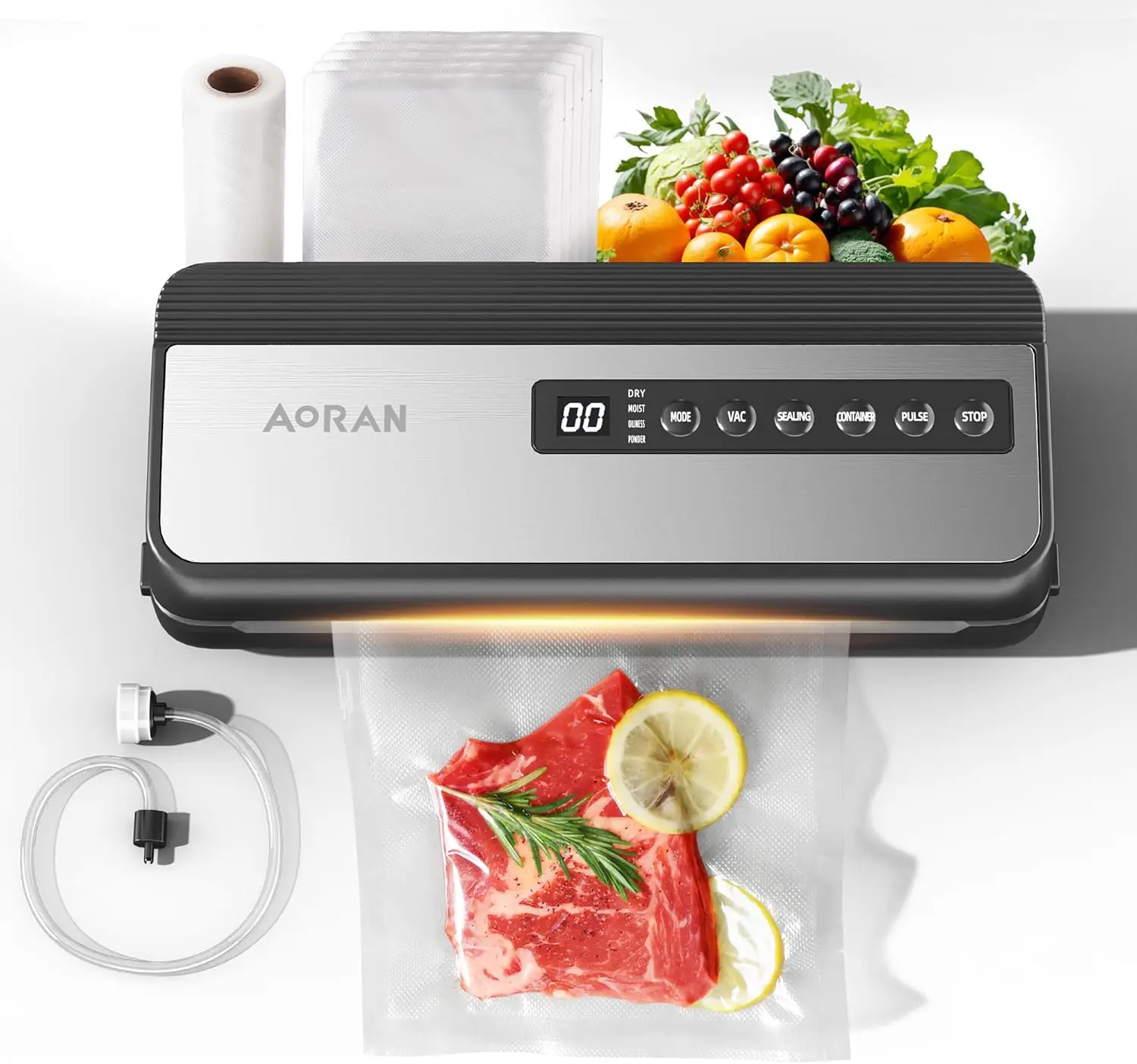

Powerful Compact Vacuum Sealer 80KPa with Bags Storage, 10 Bags + 1 Roll, Dry/Moist Modes for Food Preservation