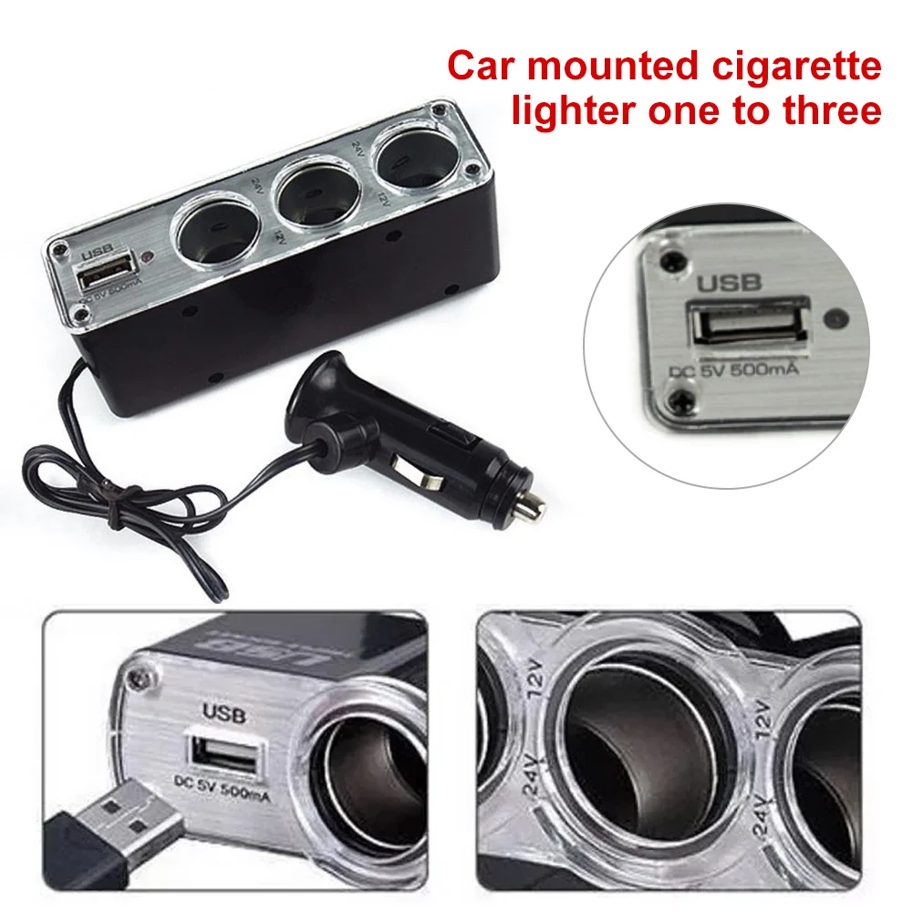 12V/24V 3-Socket+USB Port Plug Car Cigarette Lighter Splitter Car Charger Car Power DC Outlet Adapter For Phone GPS DVR Accessor