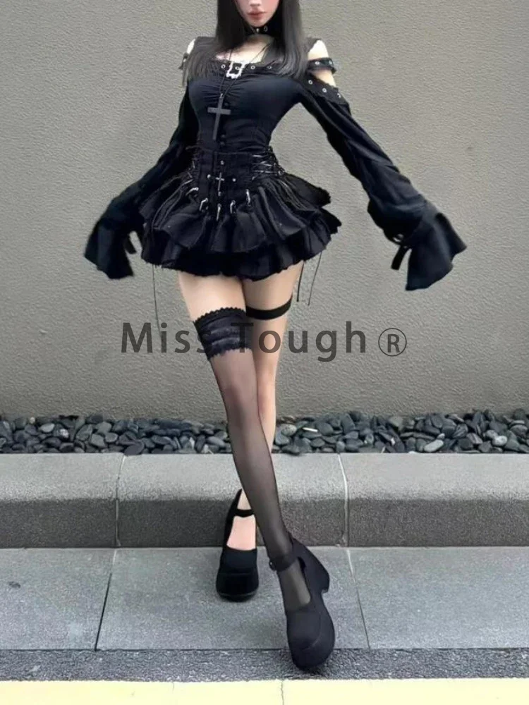 Winter Y2k Gothic Retro 2 Piece Sets Women Off Shoulder Tops + Pleated Mini Skirt Set New Black Dark Academia Chic Suit 2000s