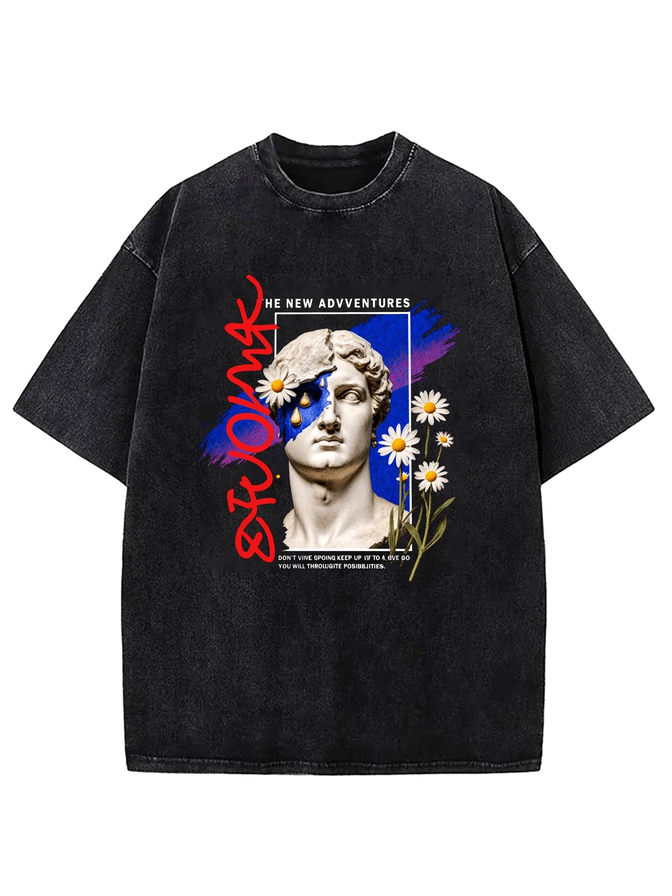 A Vintage-Style Black Crew Neck T-Shirt Featuring a White Marble Bust Pattern and Floral Embellishments, with Eye-Catching Red Text, Creating a Casual Street Style Look, Perfect for Everyday Wear and Artistic Expression