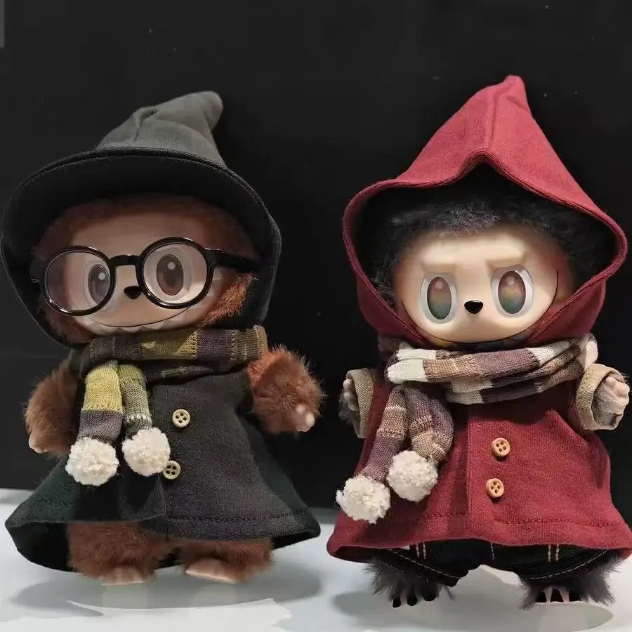 Conjunto de fantasia de feiticeiro para roupas labubu de 17cm, caixa cega universal sentada em pé, acessórios de boneca de pelúcia, roupas de grife labubu
