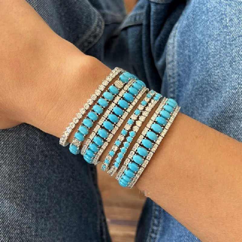 

Fashion Jewelry Turquoise Blue Double Row White CZ Stone Tennis Bracelet for Women with Platinum Plated Color Chain 17cm 19cm