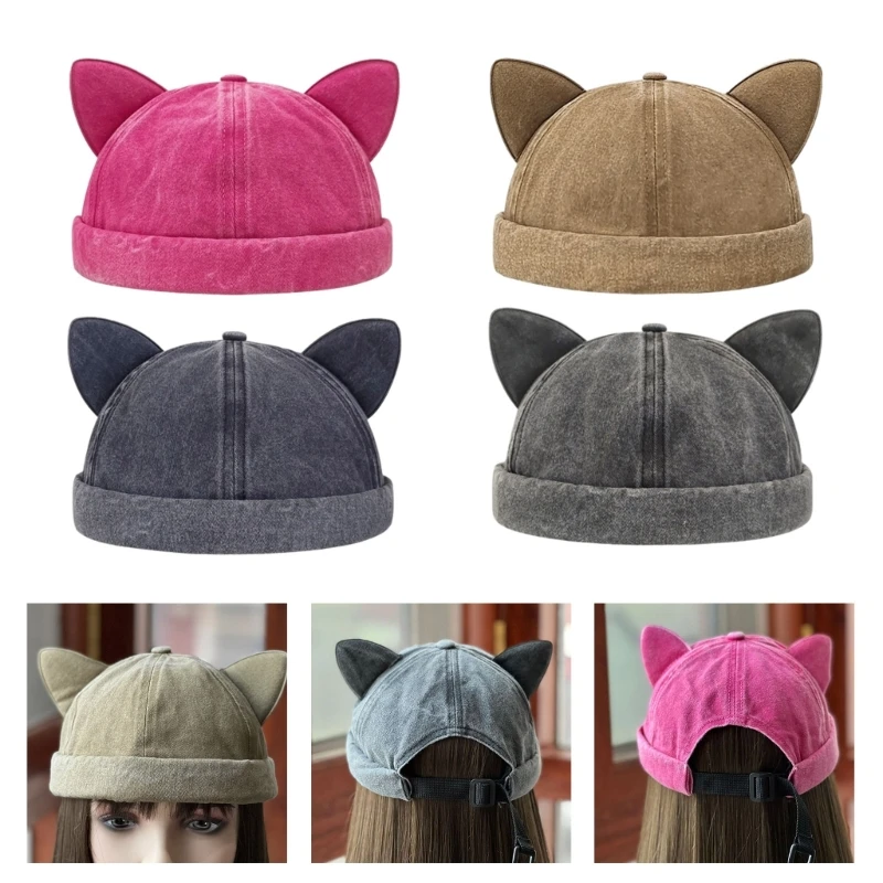 Lovely Cat Ear Decor Beanie Hat without Brim Sunproof Beanie Hat Hot Girls Cap