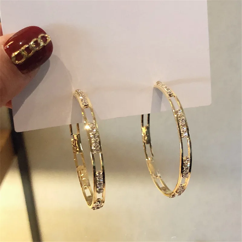 FYUAN Golden Round Crystal Hoop Earrings for Women Bijoux Geometric Rhinestones Earrings Statement Jewelry Party Gifts