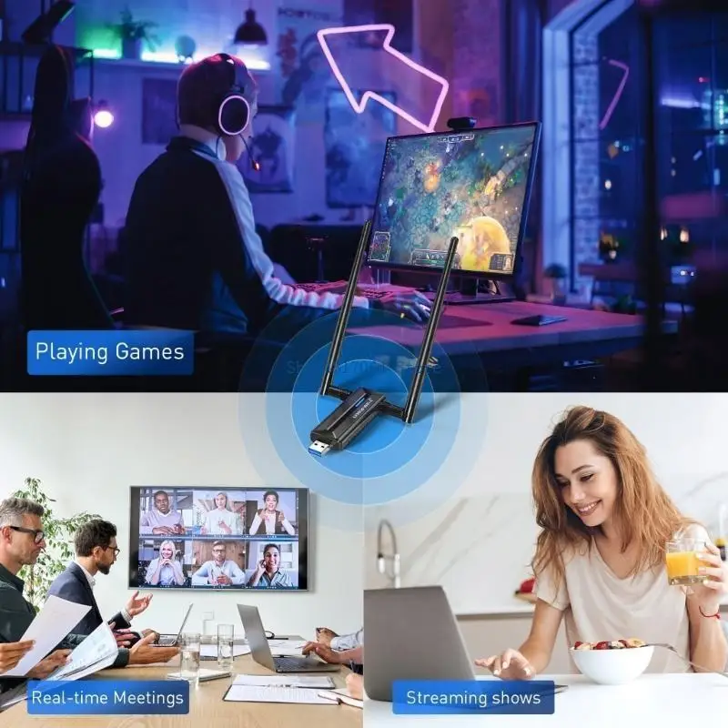 T3LB AX3000M USB WIFI 6E ADAPTER ، 5DBI 2ANTENNAS 6GHZ/5GHZ/2.4GHz Compatibles Win11/10 لسطح المكتب والكمبيوتر المحمول