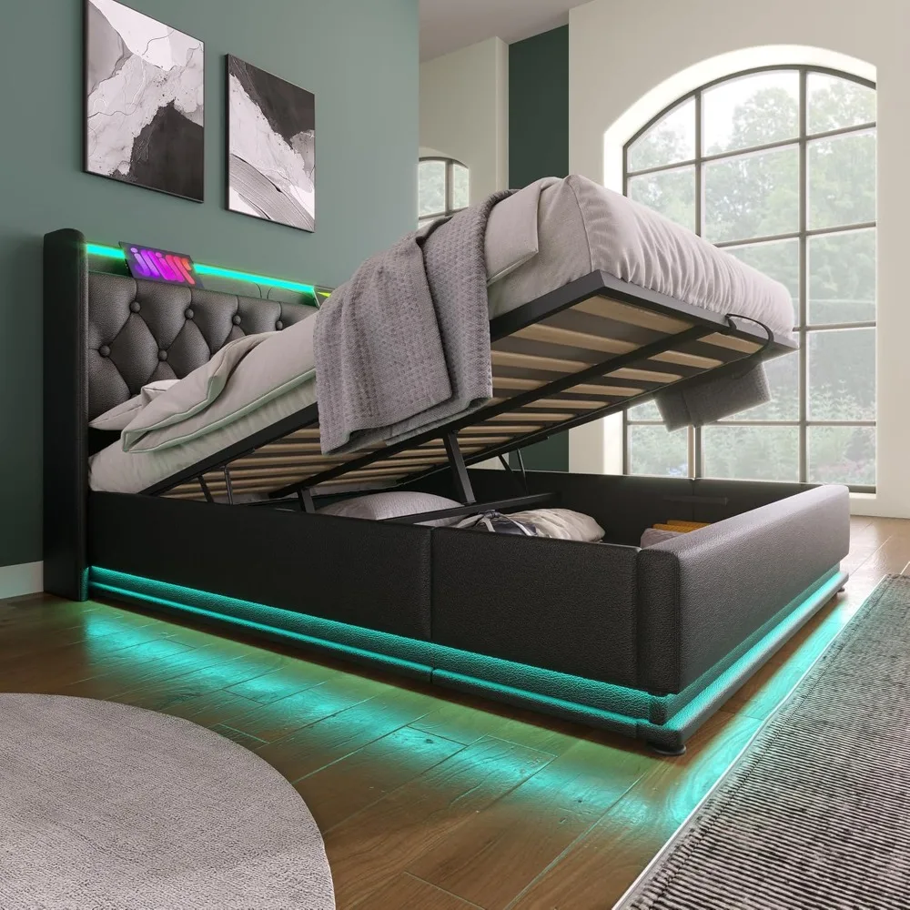 

Large Cushioned Lift Storage Bed with Headboard, PU Fabric, Button Tufting, USB Port, and 360 ° Surround LED Design, Black