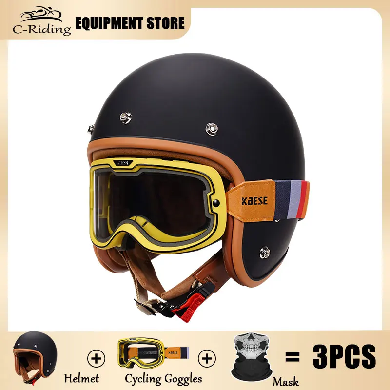 

DOT Open Face Helmet Retro 3/4 Motorcycle Helmets with Goggles Men German Style Jet Helmet Four Seasons Universal DOT Approved