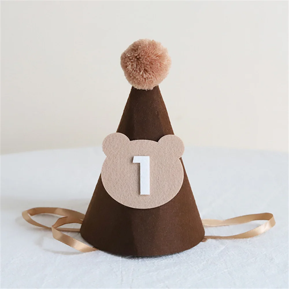 1Pcs Cute Bear Birthday Hat Brown Thick Non-Woven Bear Hat 1st 2nd 3rd Year Old Baby Cap The First One 2 3 Year Party Supplies