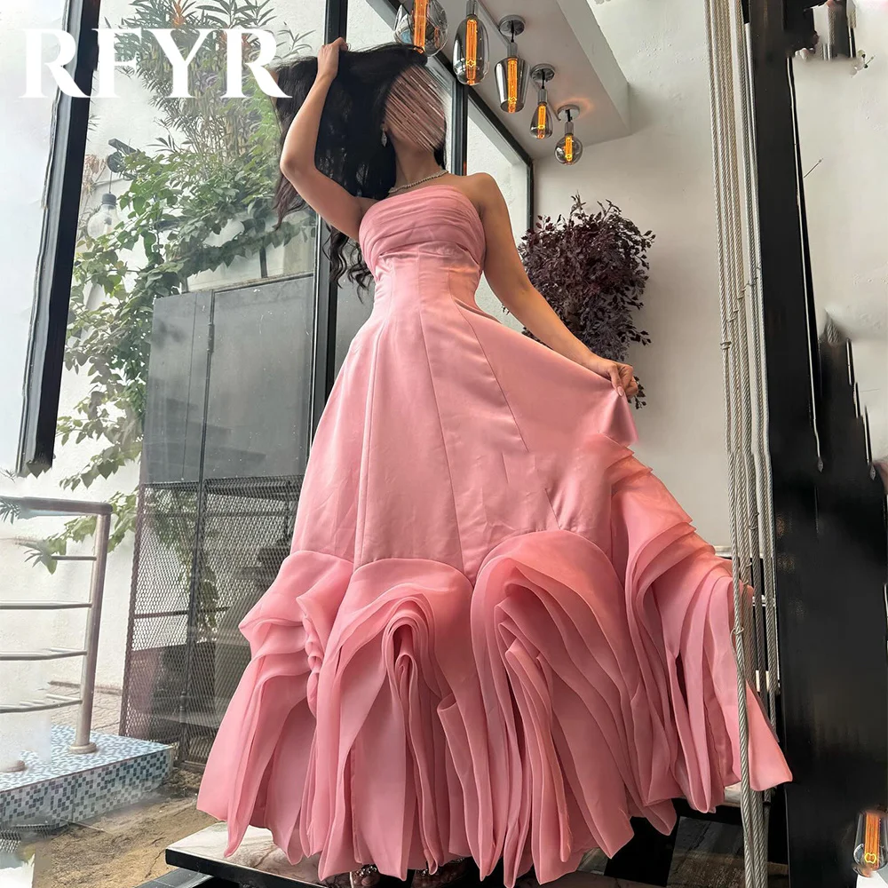 RFYR Elegant Pink Evening Dress Pleats Strapless A-Line Arabic Israel Prom Dress Sleeveless Formal Women Party Gown Customized