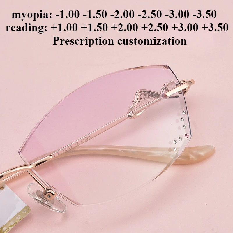 

Сверхлегкие высококачественные очки без оправы с обрезанными краями, женские модные очки для близорукости по рецепту, антисиние очки для чтения на заказ