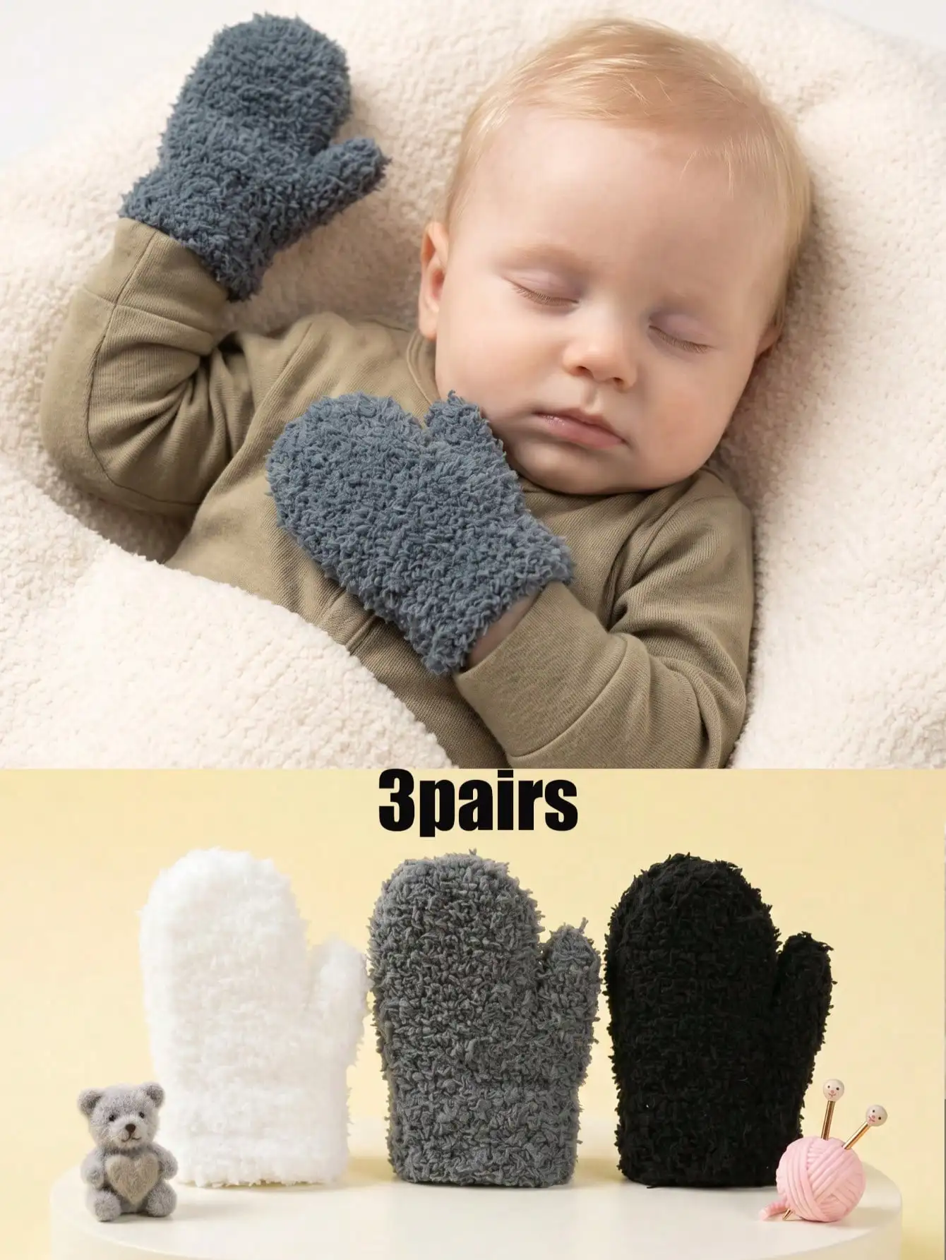 3Pair 0-12M Toddler Boys Half‑Velour Mittens, Plush Knit Fully Enclosed Mittens, Candy‑Colored Infant Hand Covers for Seasonal
