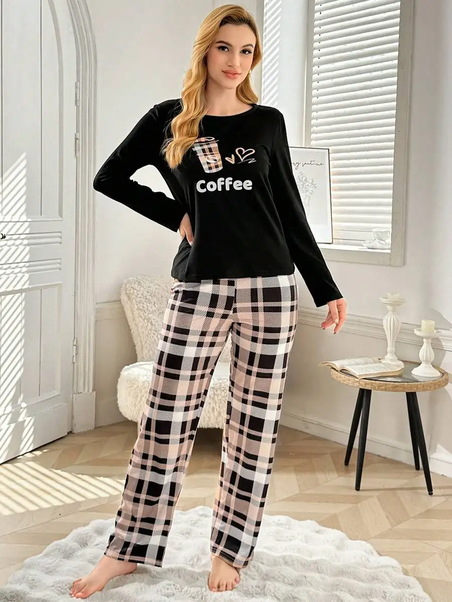 

Coffee Print Long Sleeve Top And Plaid Pants Pajama Set For Women