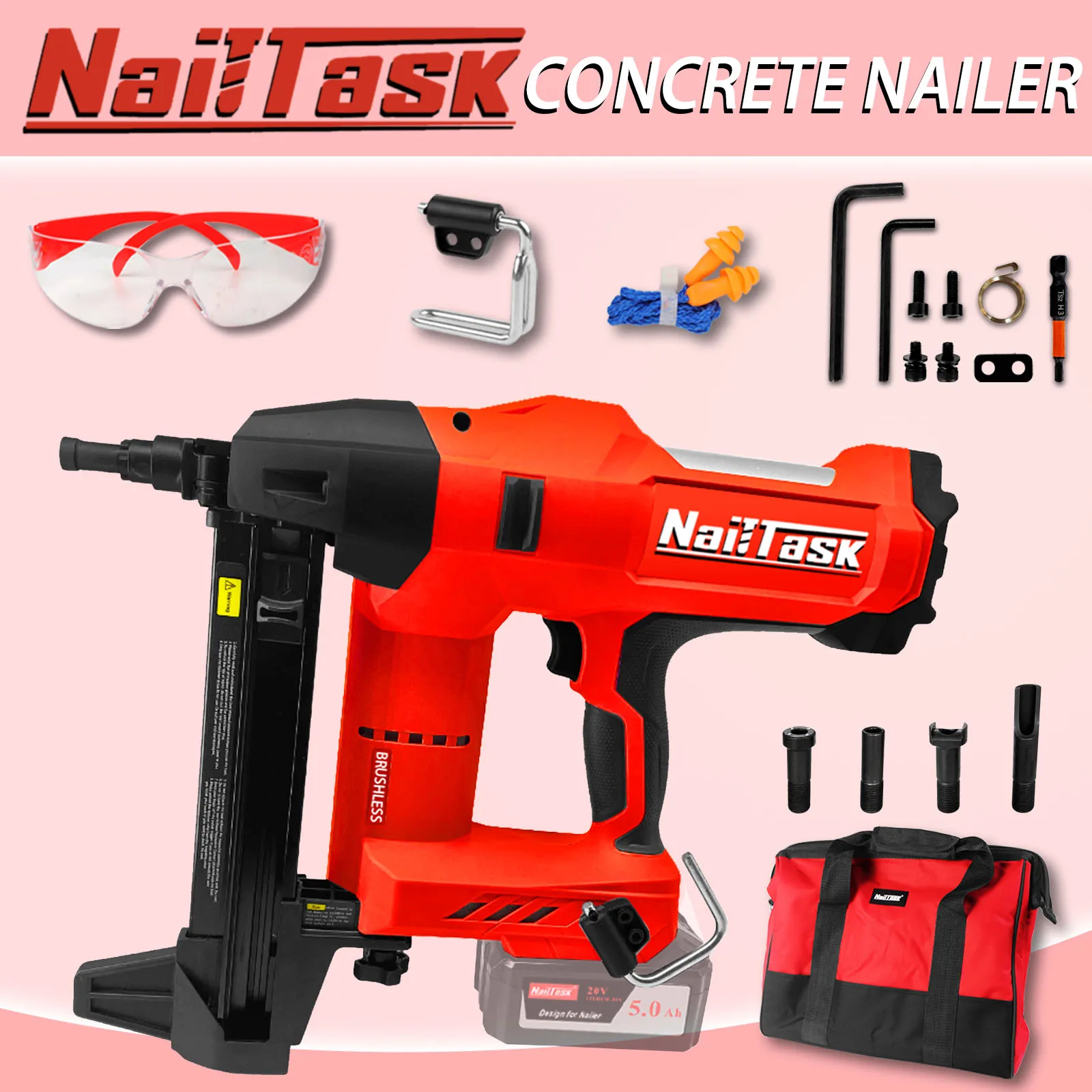 NailTask Cordless Electric Concrete Nail Gun Without Battery Heavy-Duty 20V Power Pin Nailer Kit Multi-Purpose Fastener Machine
