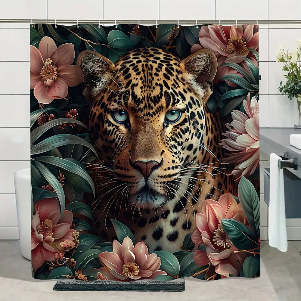 Jungle Wildlife Shower Curtain Tiger Plant Tropical Palm Leaf Polyester Fabric Shower Curtain Bathroom Decoration With Hooks Set