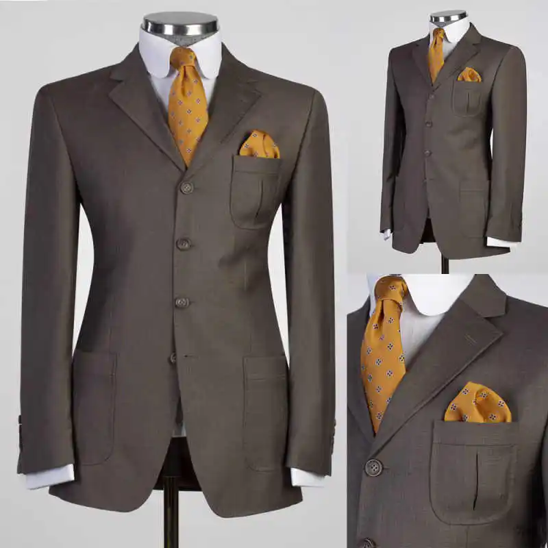 

Classic Notched Lapel Solid Three Button Men Suit Full Length Coffee For Groom Season Custom Made Plus Size M263652