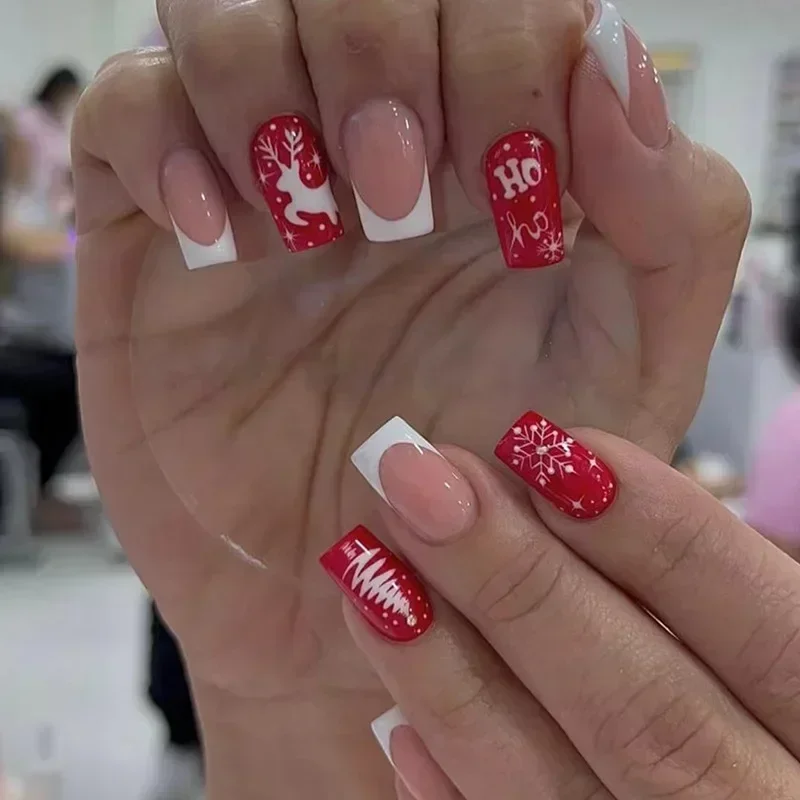 24 pçs caixão natal artesanal imprensa em unhas neve árvore design papai noel unhas falsas ano novo unhas falsas vermelho francês arte do prego