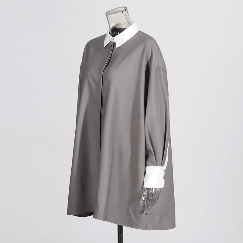 HKSH Frühling Herbst Neue Frauen Kurzes Kleid Farbe Block drehen-unten Kragen Mit Langen Ärmeln Elegante Trend Übergroßen Hemd Kleider HK16270