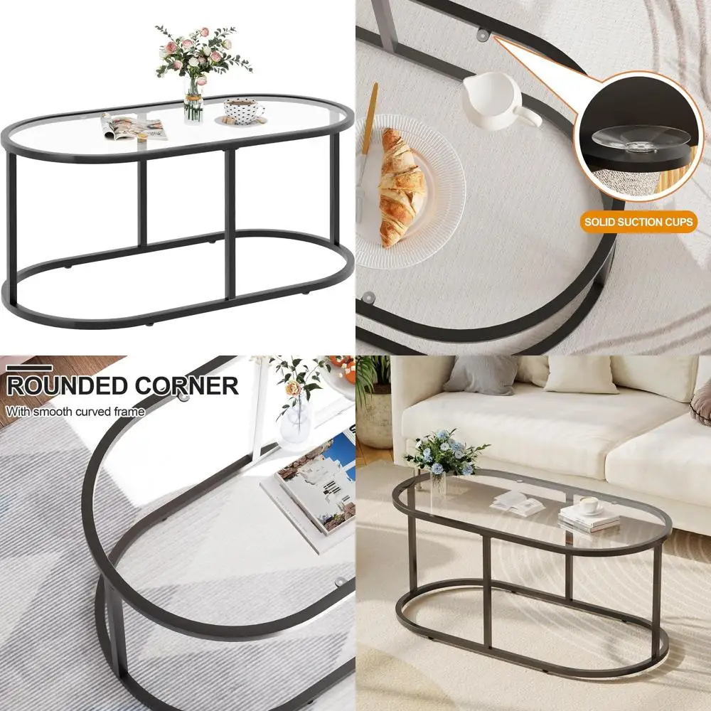 

Oval Black Glass Coffee Table - Sturdy Metal Frame, Tempered Glass Living Room Center Table for Home Office