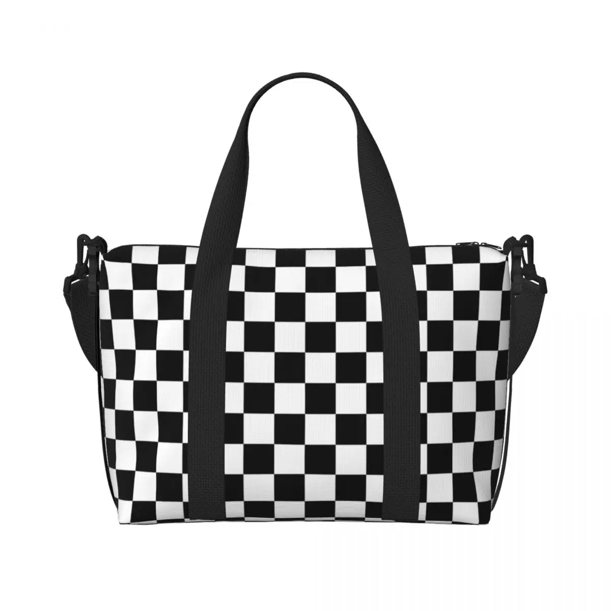 CUSTOM สีดําและสีขาว Checkerboard รูปแบบ Tote กระเป๋าผู้หญิงขนาดใหญ่ความจุเรขาคณิต Tartan Beach GYM กระเป๋าเดินทางไหล่