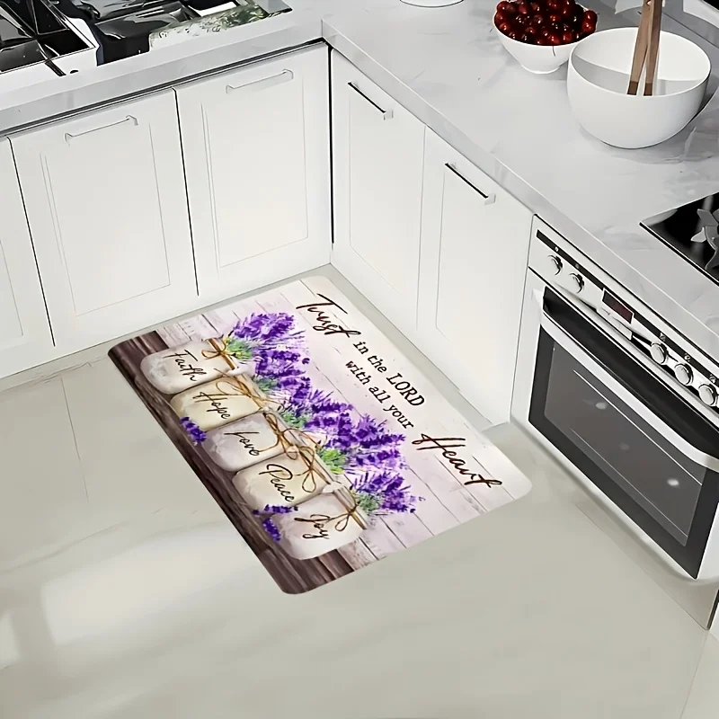 Farmhouse Lavender Jar Kitchen Mat  Vintage Wooden Plank Faith Hope Love Letter Print Decorative Indoor Kitchen Floor Runner Rug