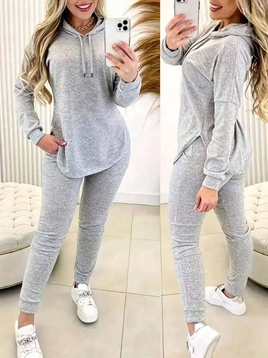 

Women's Gray 2-Piece Hooded Sweatshirt Set with Drawstring, Loose Fit, Casual Lounge Wear