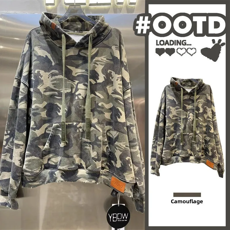 

Large Size Camouflage Hoodie Men's Loose Couple American Casual Overhead Autumn Winter Sweatshirt Street Style Youth Trend