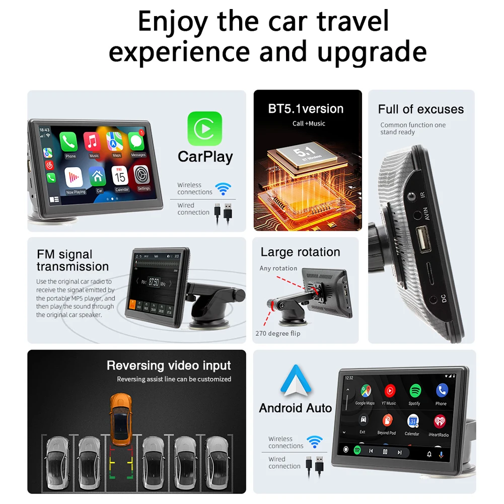 Universal 7 Inch MP5 Player Compatible For Carplay Android Auto Wireless Portable Car Stereo Touch Screen Dashboard Placement