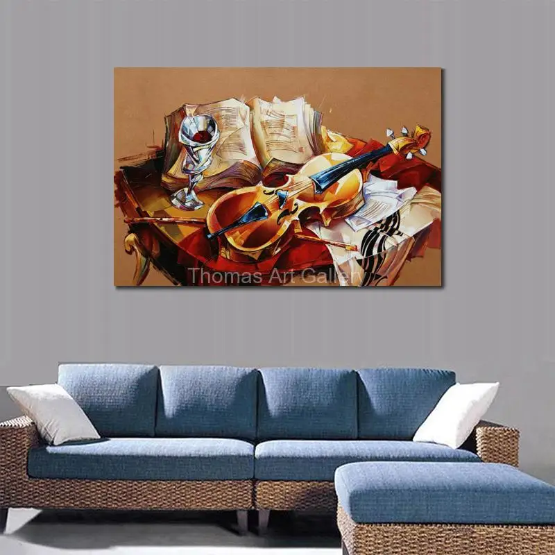 Oversize Modern Impressionist Violin Flowers Canvas Prints Contemporary Musician Still Life Wall Art for Studio Music Room Decor