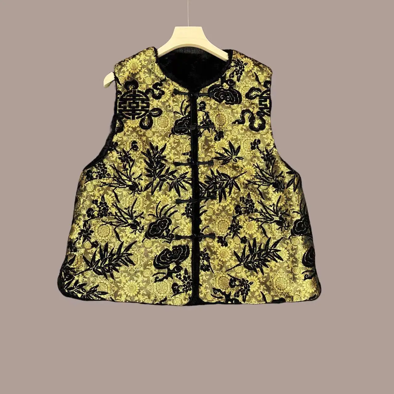 

Gao Ding Light Luxury Double-Sided Double-Wear Brocade Jacquard Stitching Furry Vest National Style Warm Waistcoat