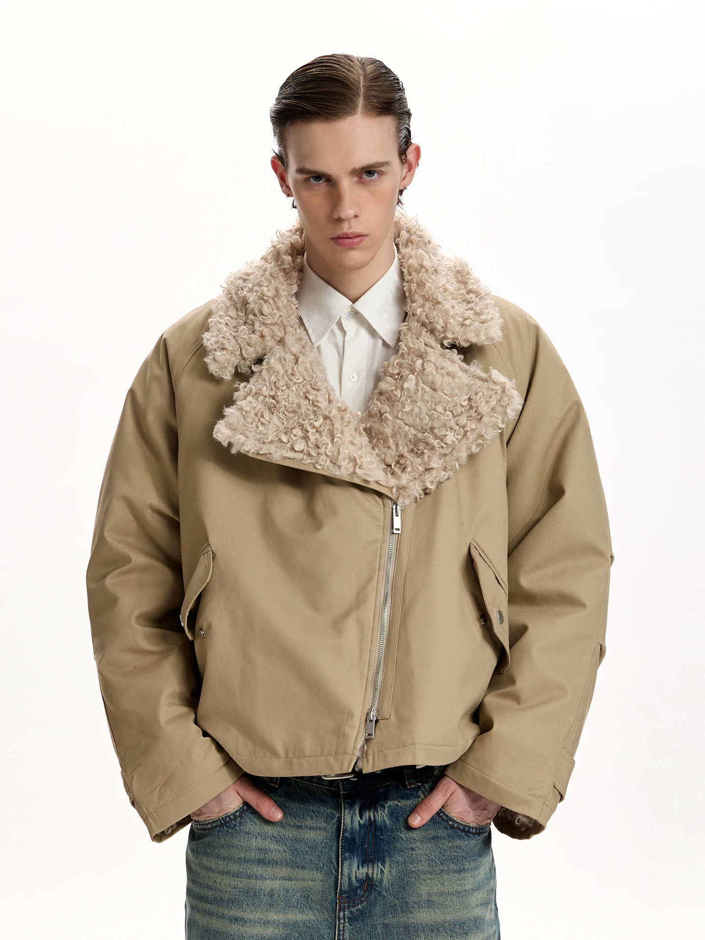 

a PUEE American Retro Barn Sle Jaet Lamb Fur Collar Loose Thiened Winter Coat Youth Trendy Cotton Outerwear for Teens