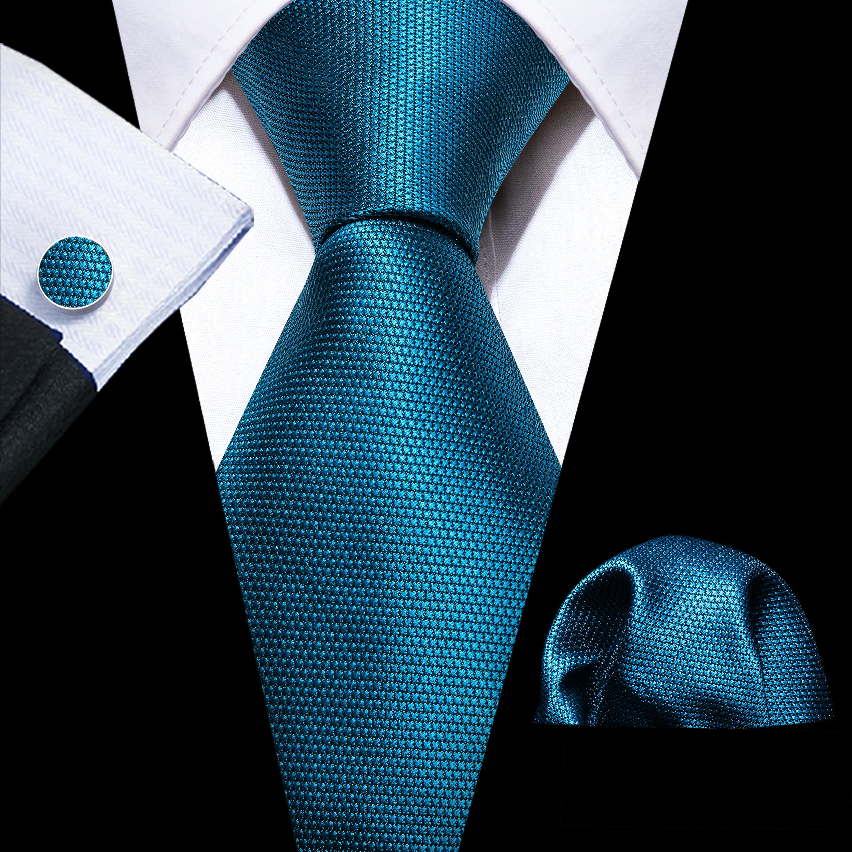 Noverlty Teal Necktie For Men Solid Luxury Brand Suit Pocket Square Cufflinks High Quality Tie Set Wedding Party