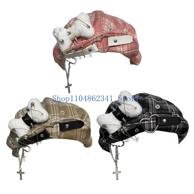 5asd Punk British Elegant Painter Hat Heart Fashion Metal Chain Cabbie Hat for Outdoor Walk Club Cabbie Hat