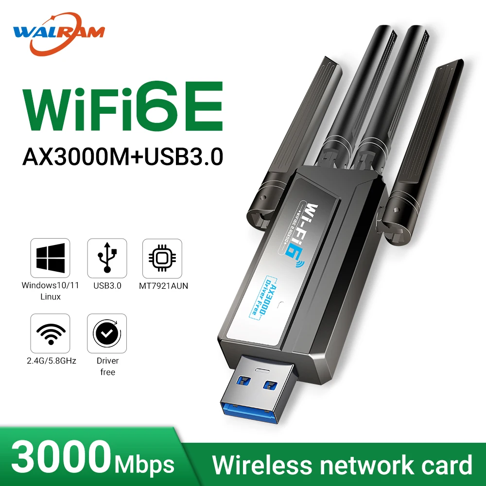 

WALRAM 3000 Мбит/с USB WiFi 6E AX3000M Беспроводная сетевая карта двухдиапазонный USB3.0 2,4G/5 ГГц 802.11AE WiFi-приемник адаптер для Win11/10