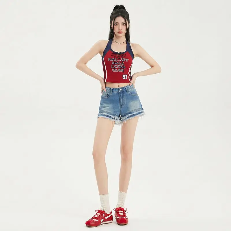 

Summer fringed denim shorts for women, retro American style spicy girl, A-line distressed, hip hugging, high waisted hot pants