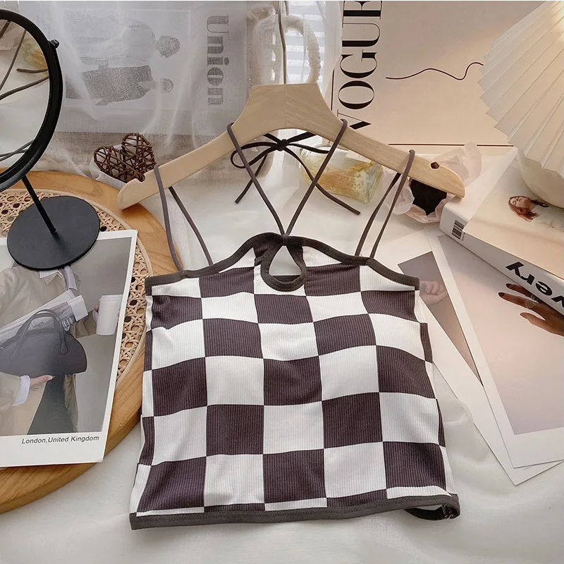 Women Tank Crop Top Sexy Checkerboard Plaid Design Sleeveless Backless Halter Seamless Integrated Chest Pad Halternecks Crop Top