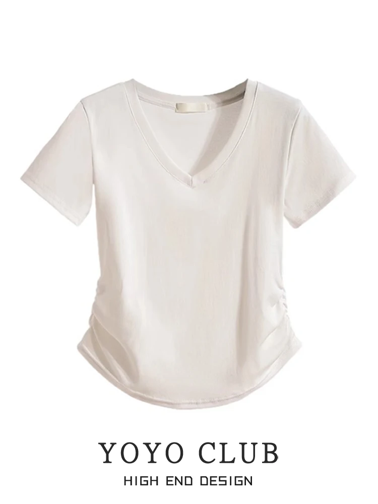 YOYO CLUBB plus Size Pleated Asymmetrical Women's T-irt Summer 2024 Slimming V-ne ort Sve Korean Sle Commute Faion