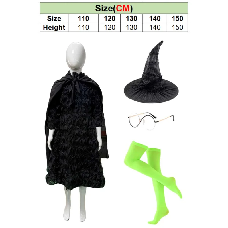 إلفابا الساحرة تأثيري الخيال الفتيات قبعة نظارات الملابس 2024 فيلم Wiked زي تمويه في سن المراهقة 4 إلى 16 سنة ملابس لعب الأدوار