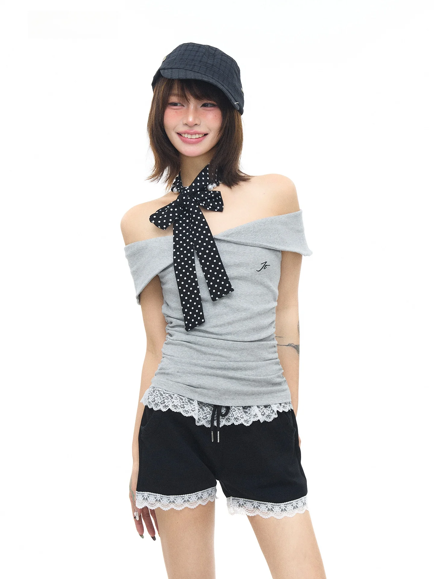 

ASTRSK Корейский винтажный топ в горошек с завязкой на одно плечо, короткий рукав, женский приталенный топ с драпировкой, модный, весна-лето