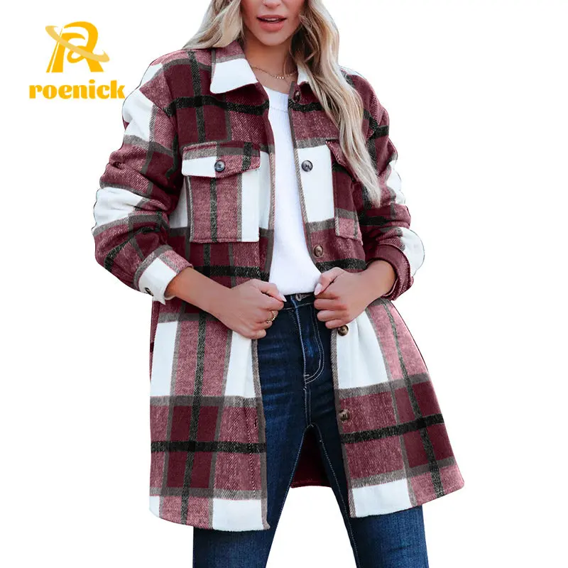 

ROENICK Women Office Lady Woolen Coats Middle Long Outwear Korean Autumn Winter Loose Cape Plaid Wool Jackets Shirt Blends