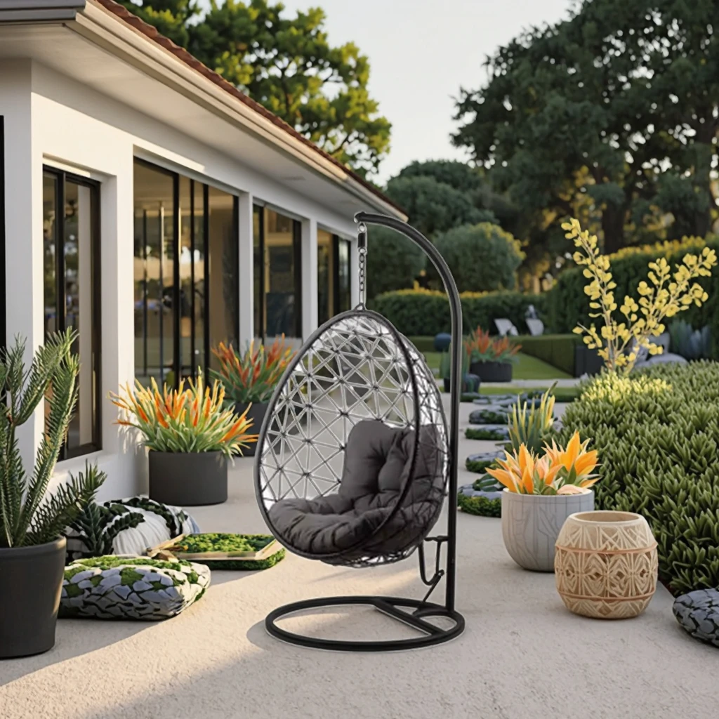 

Modern Style Indoor/Outdoor Egg Chair Deep Cushion Rattan Basket Rocking Swing for Living Room Hotel Furniture Metal Material